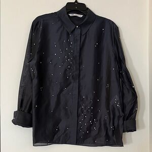Zara Black Sheer Blouse with Rhinestone Accents – Size Large 🖤✨👗